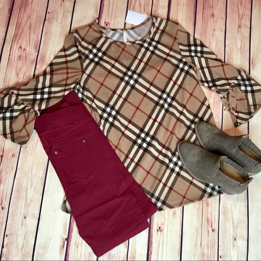 Burberry camel, brown and wine plaid sweater